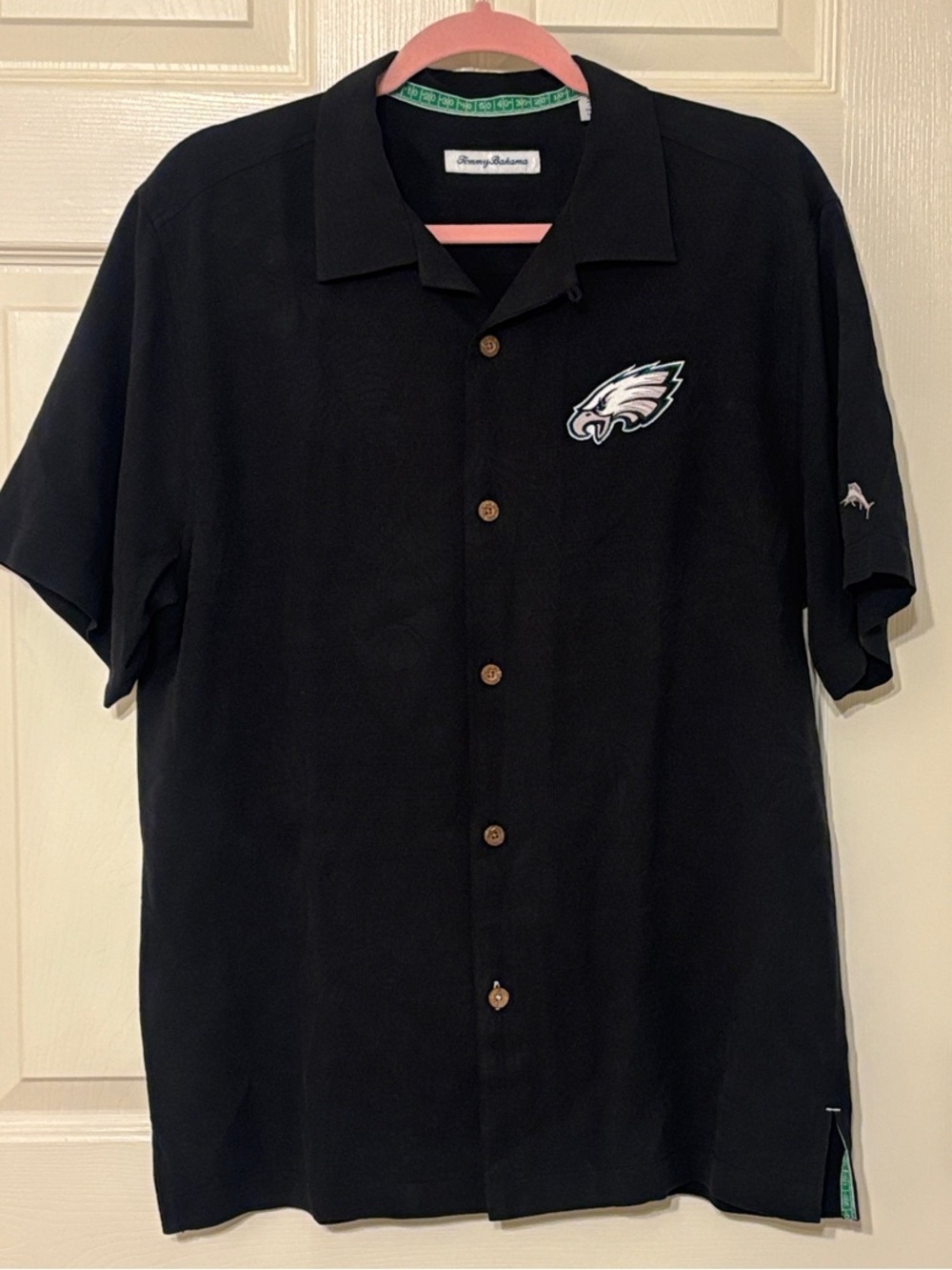 Tommy Bahama Silk Black Short-Sleeve Camp Shirt with Embroidered Eagles Logo M